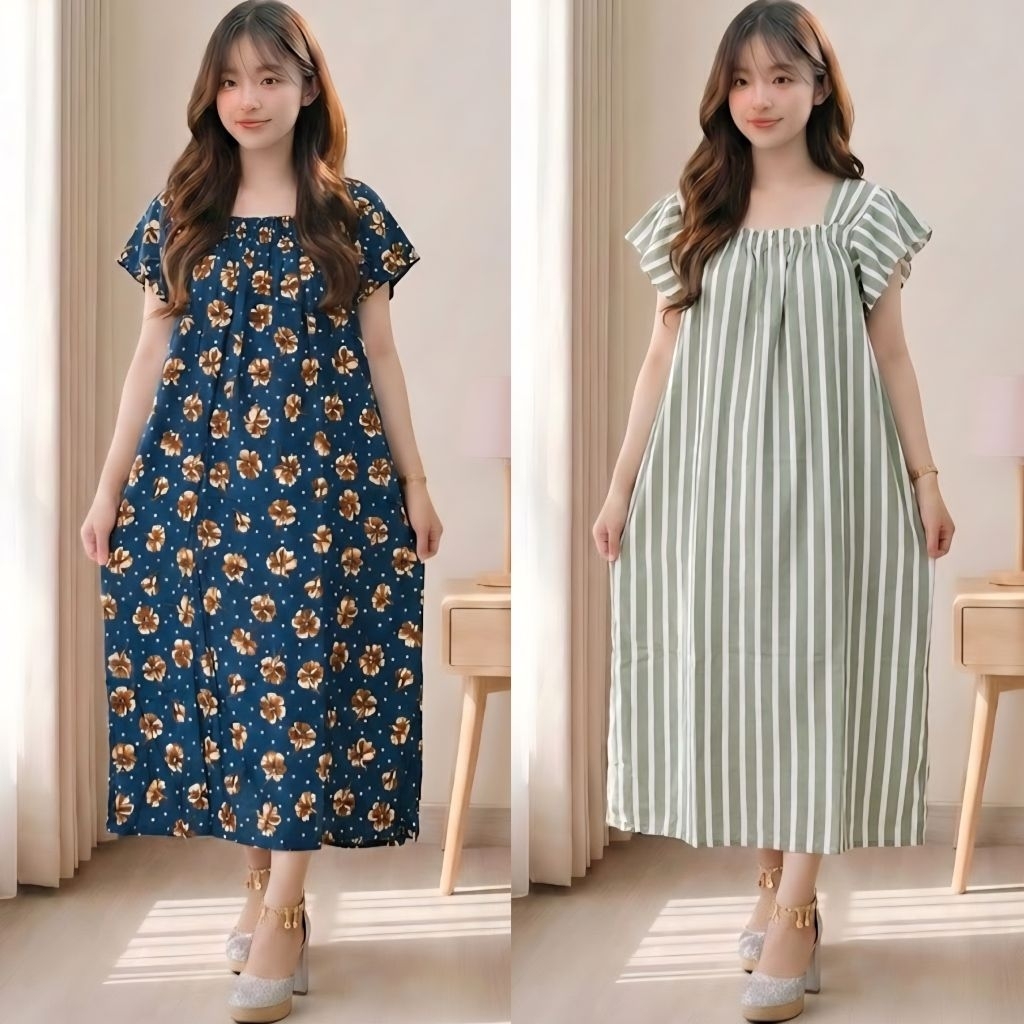 LUVLUVSHOP Dress Wanita Motif Rayon Daster Kekinian Dewasa Remaja Santai Cantik Lembut Nyaman Karet 