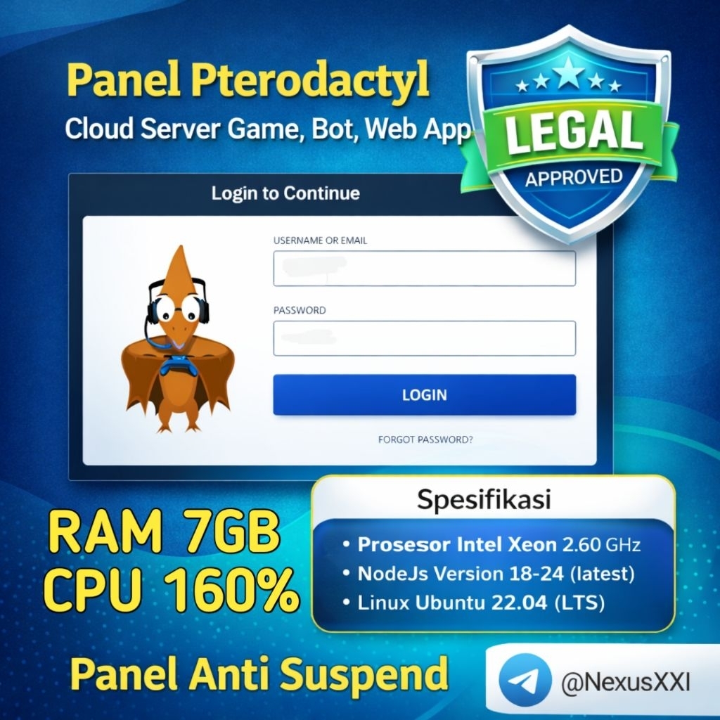 PANEL PTERODACTYL RAM 7GB CPU 160% LEGAL INDONESIA