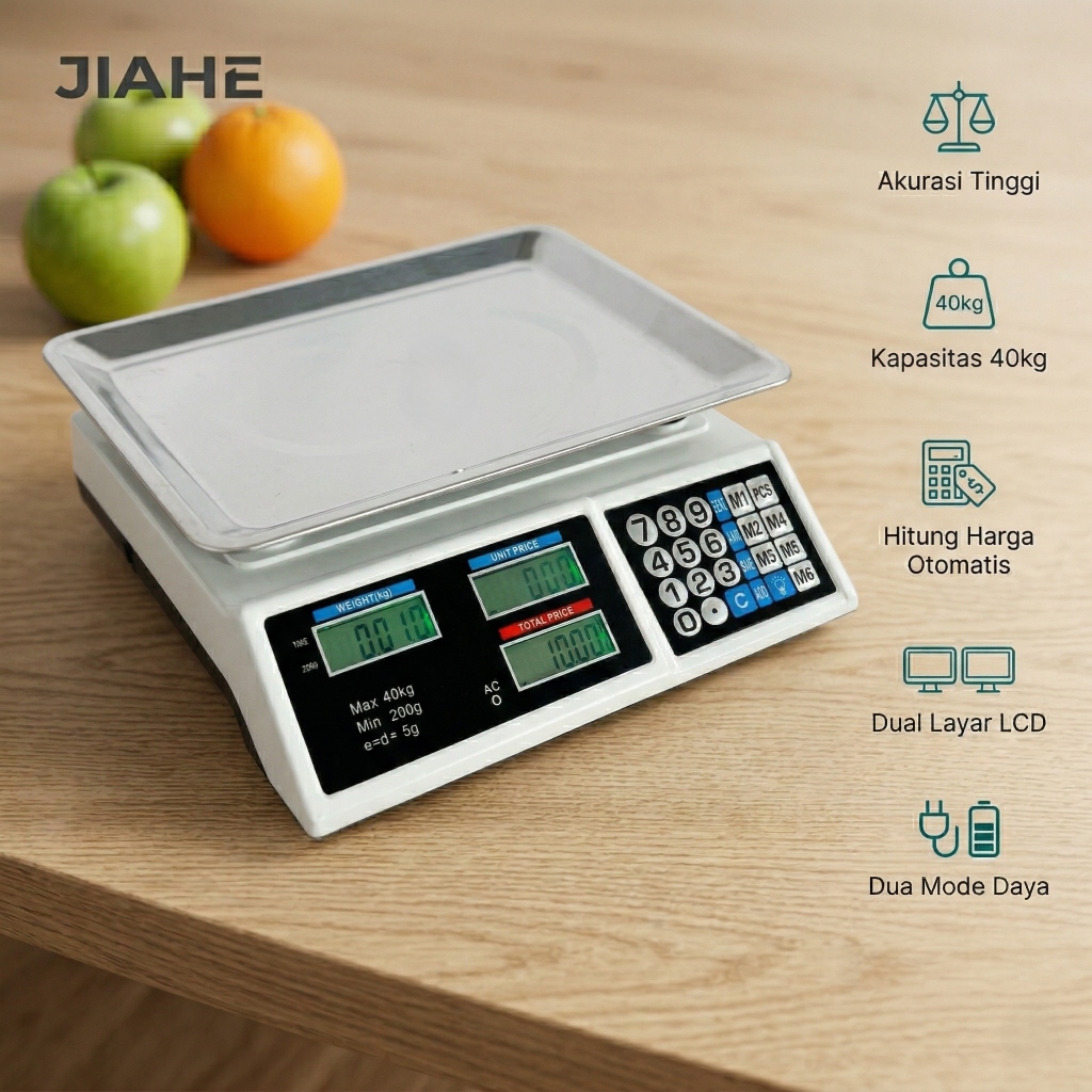 Timbangan Buah Digital 40kg Hitung Harga Dual LCD Display Stainless Steel Toko Sembako Pasar Laundry