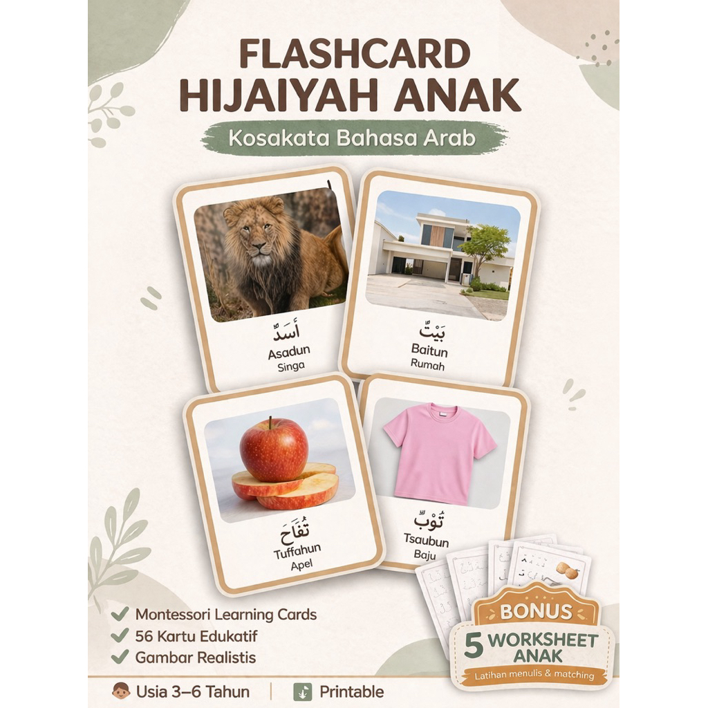 Paket Belajar Hijaiyah Anak Lengkap | Flashcard + Worksheet | Printable & Cetak | Montessori