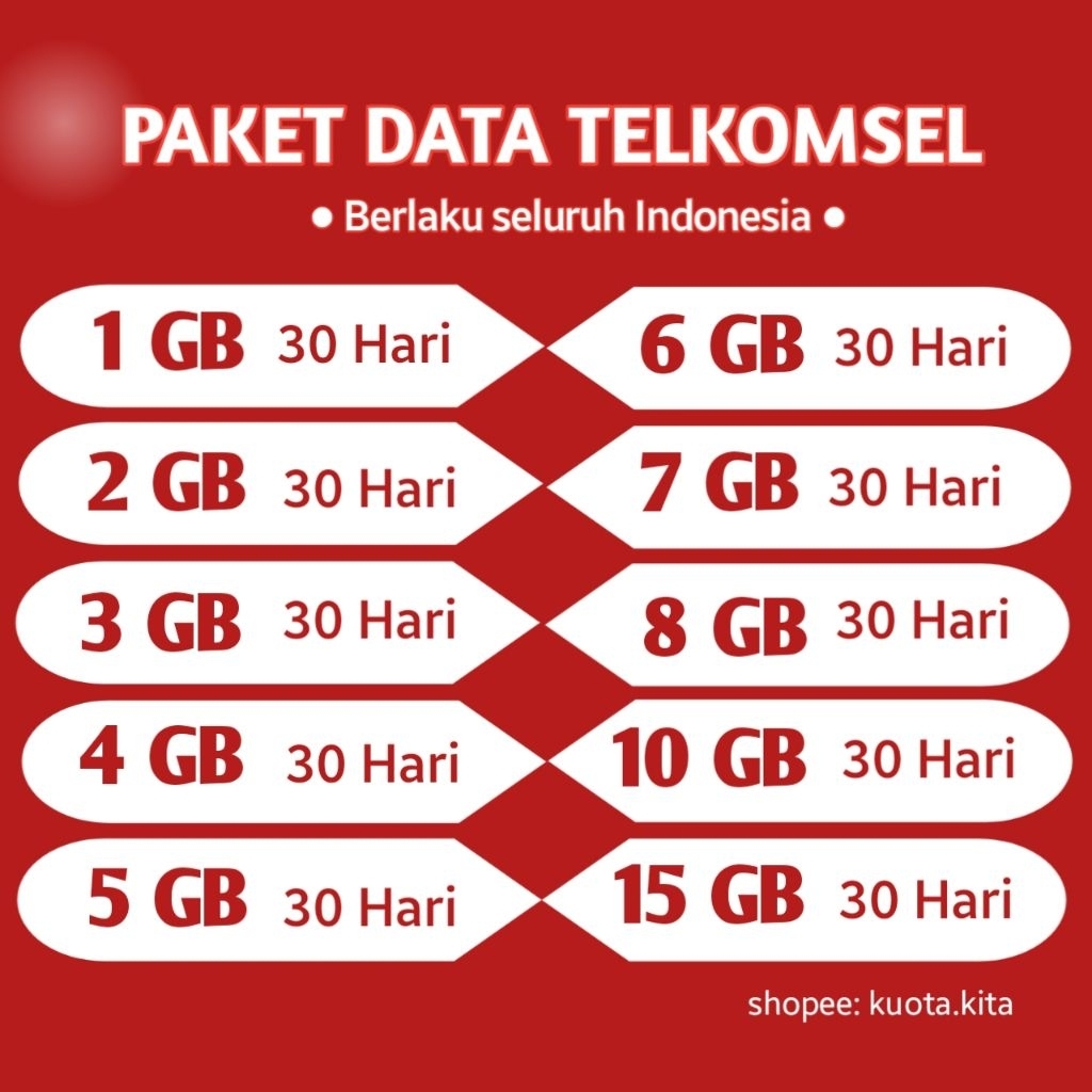 Paket Data Telkomsel Flash Termurah 1GB 2GB 3GB 4GB 5GB 6GB 7GB 8GB 10GB 15GB Kuota Bulanan 30Hari