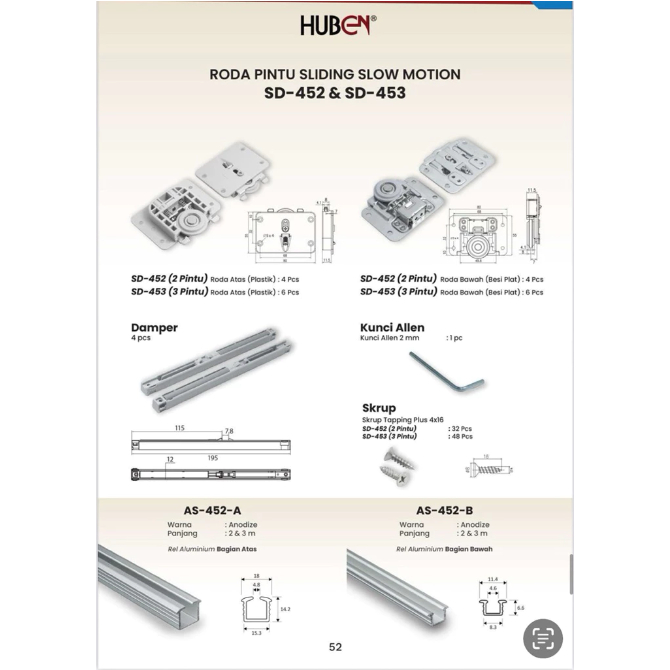 HUBEN RODA REL PINTU LEMARI SLIDING GESER SLOWMOTION HUBEN SD-452 -2PINTU /2METER