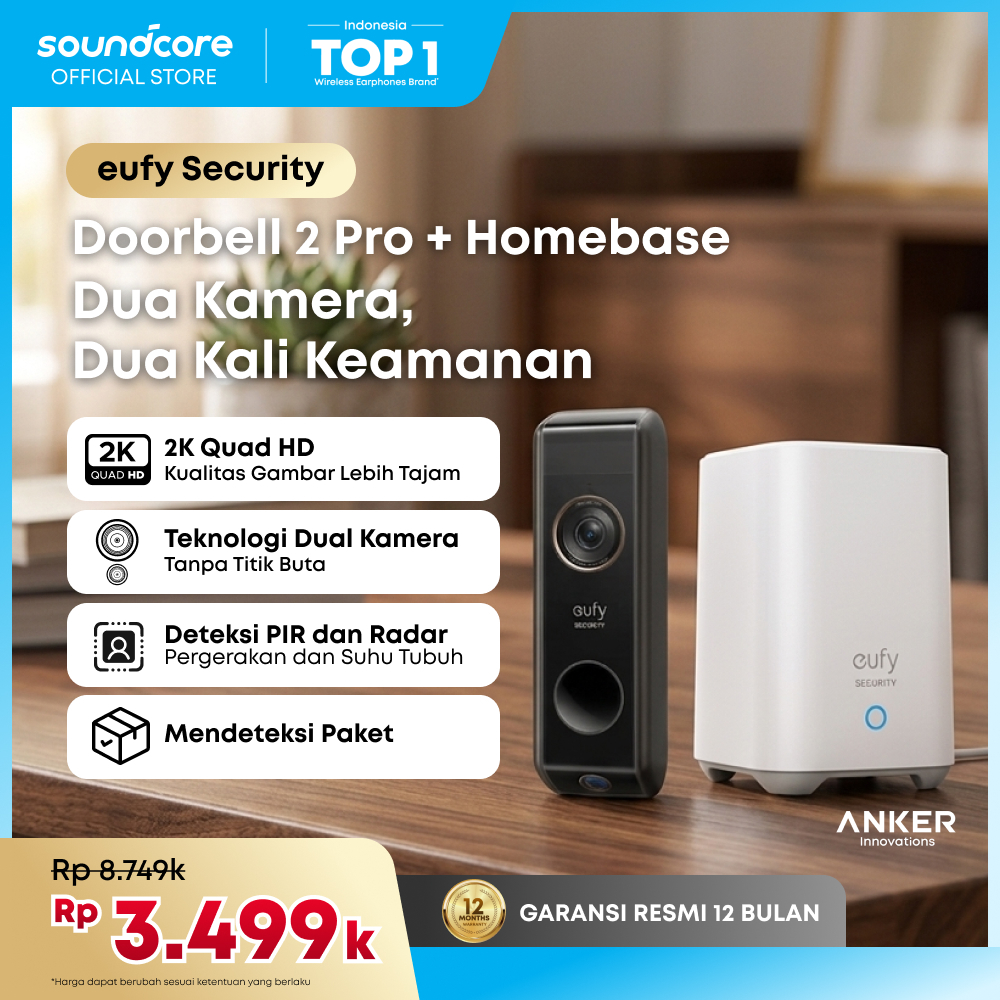 Eufy Security Video Doorbell Dual Camera, 2K HD, Wireless, Battery-Powered, HomeBase, Dual Motion De