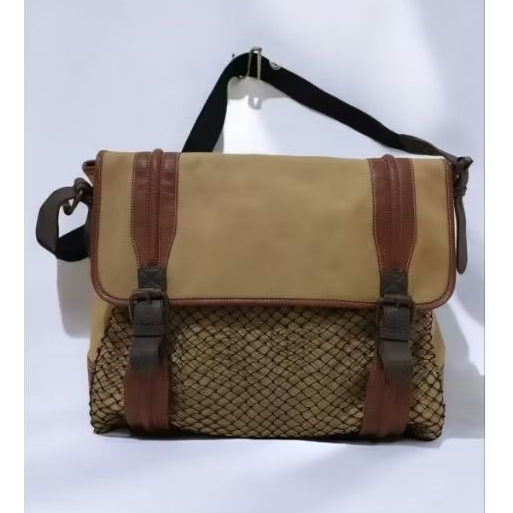 Vintage 90s Giordano Canvas & Genuine Leather Messenger Bag Original