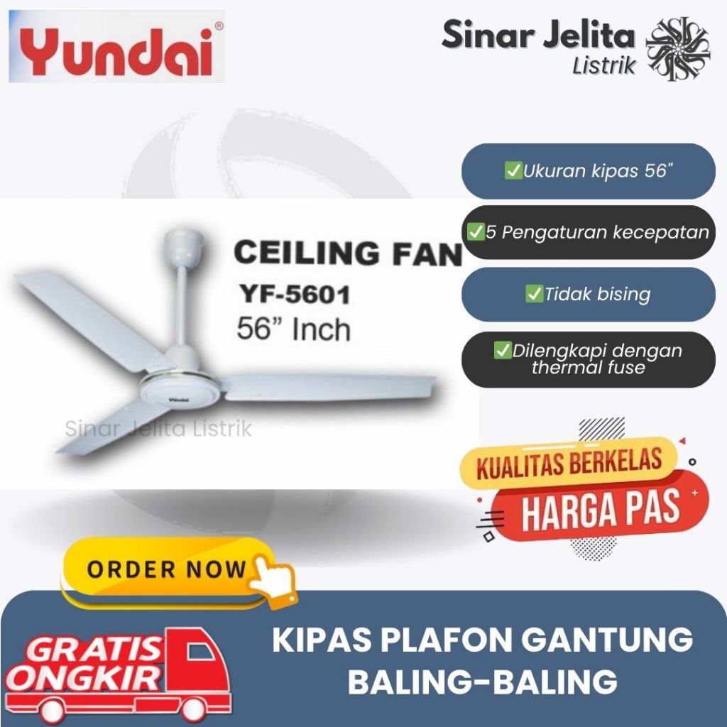 YUNDAI Kipas Angin Gantung Plafon Putih | Ceiling Fan 56" Yundai YF-5601 Baling Baling