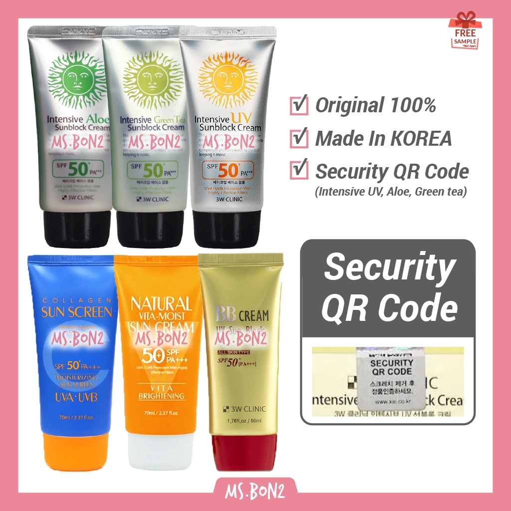 3W CLINIC Intensive UV / Aloe / Green Tea / Vita Moist / Collagen / BB Cream Sunblock Cream SPF50+ 7