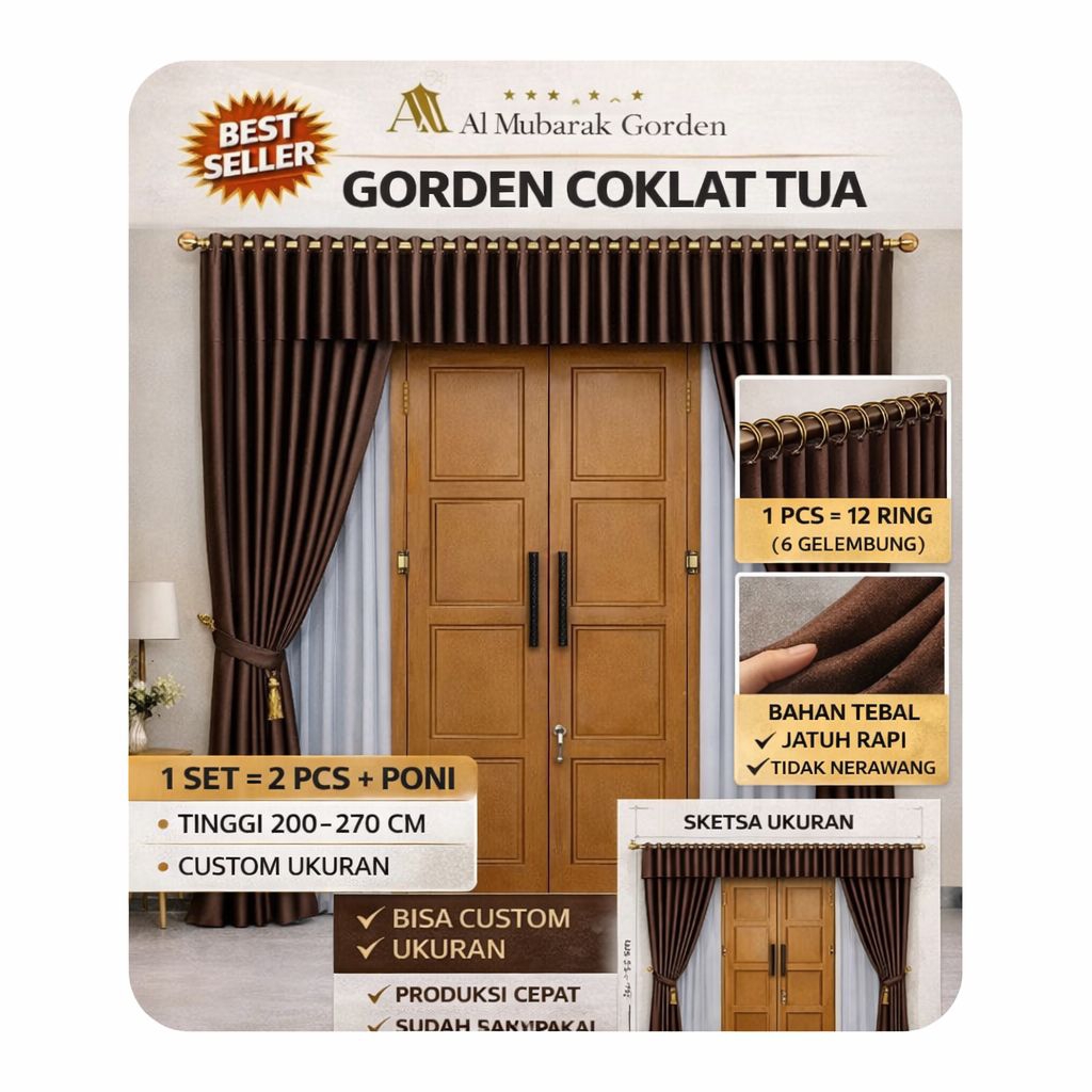 Gorden 1 Set Gorden Dengan Poni Untuk Pintu Tengah Atau Ruang Tamu Ukuran Lebar Motif Polos Serat