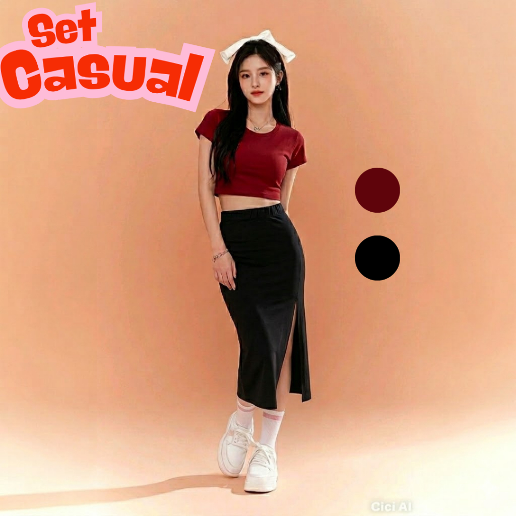 One Set Casual Wanita (Kaos Crop, Rok Span), Pakaian Wanita HangOut