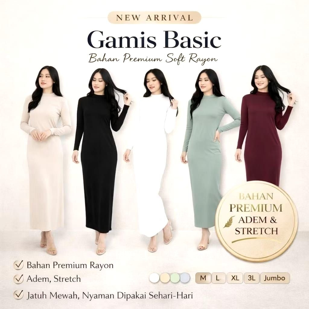 Manset Gamis Wanita Turtleneck Rayon Super Premium Size Standar & Jumbo / Inner Dress Wanita Rayon S