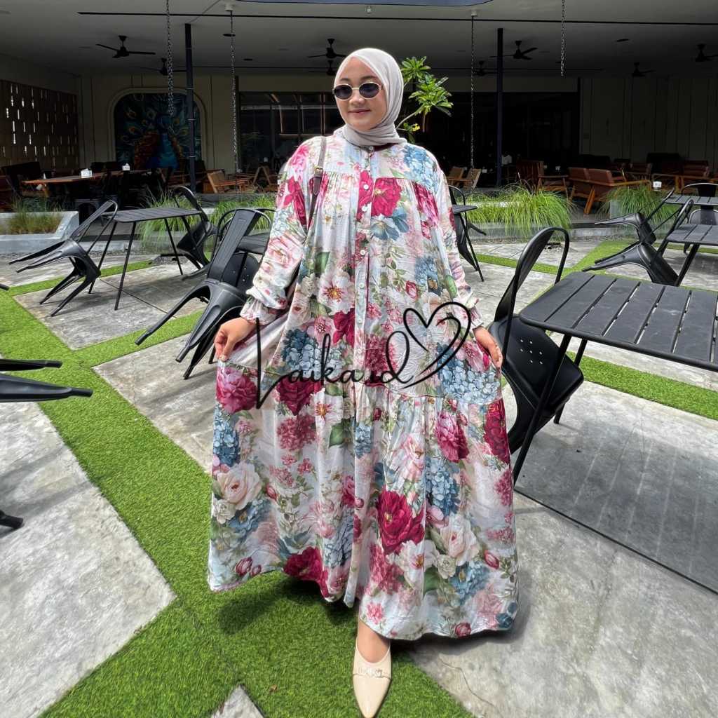 Gamis Rayon motif Bunga // Gamis Terbaru Rempel Susun Full Kancing Hidup busui friendly // gamis ray