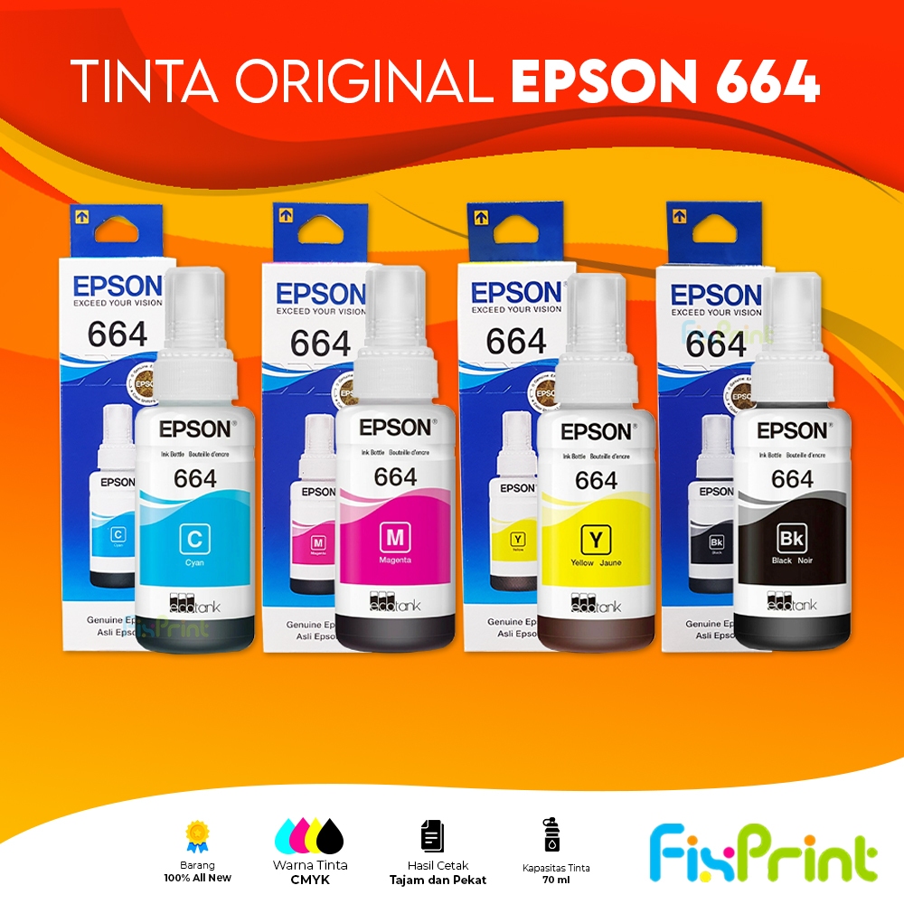 Tinta Printer Epson L120 664 T6641 Original 100% 1 Set 4 Warna 70ML