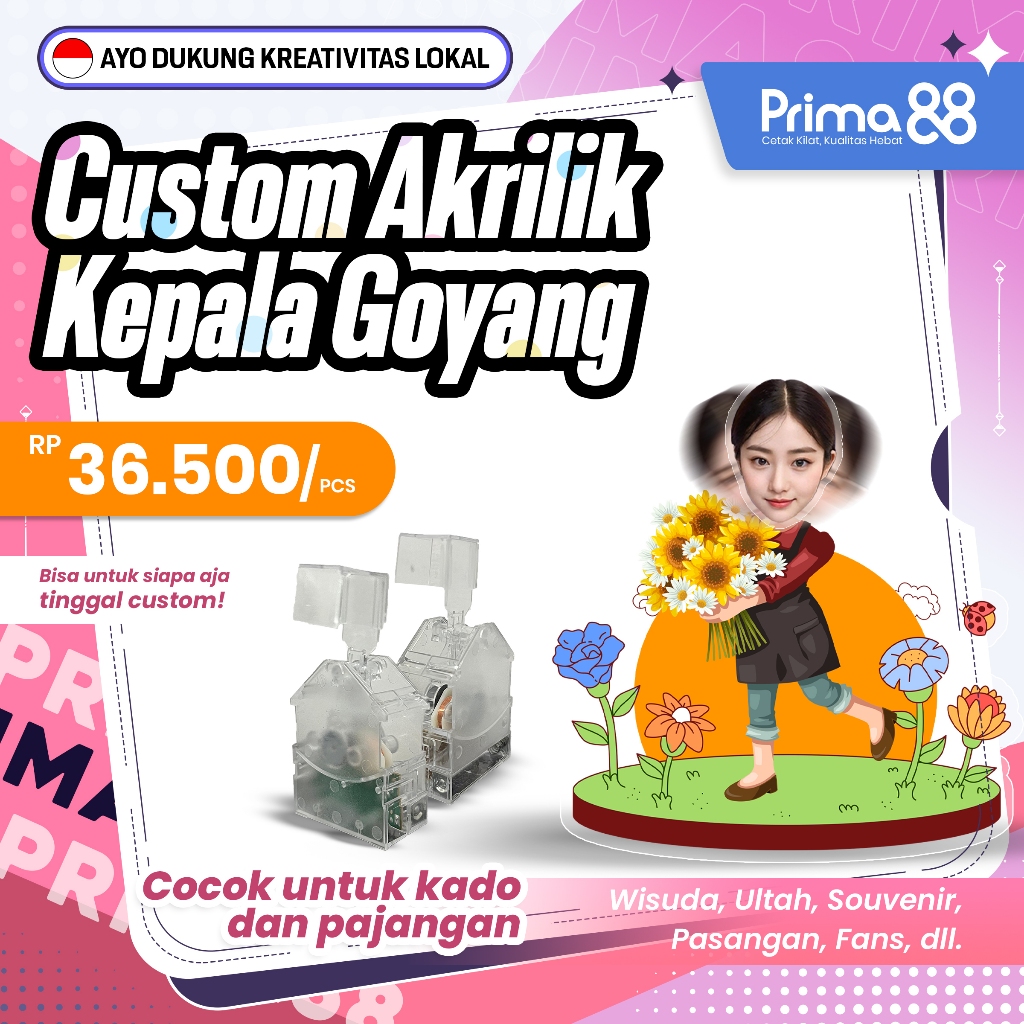 Custom Kepala Goyang Akrilik – Pajangan Dashboard Mobil | UV Print | Express / Sameday