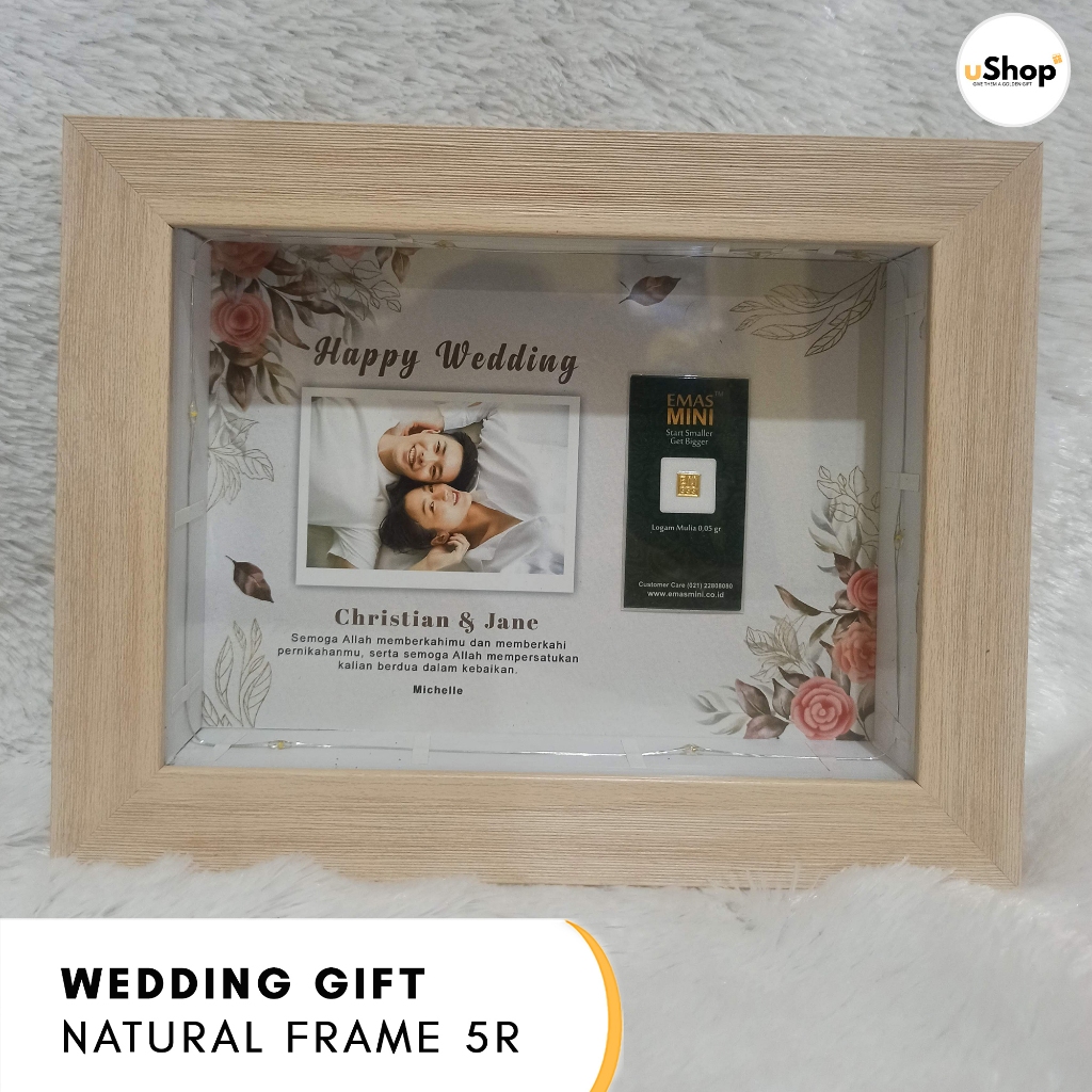 Wedding Gift Frame Scrapbook 6R (15x20) Natural Kayu Kado Pernikahan Hadiah Pernikahan Logam Mulia E