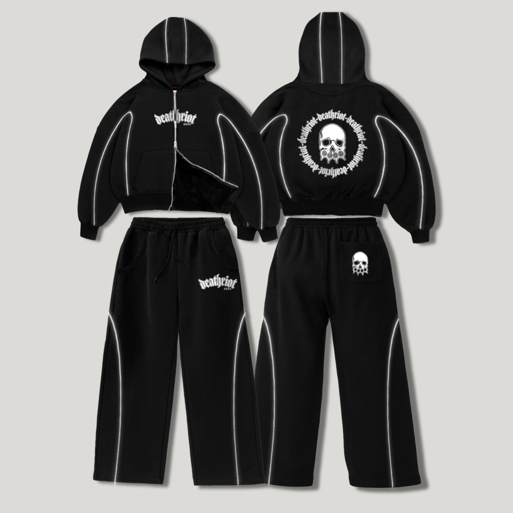 DTRT - One Set Jaket Hoodie Boxy Double Zipper Sweatpants Baggy List Reflektif 300 GSM Hitam - 2024