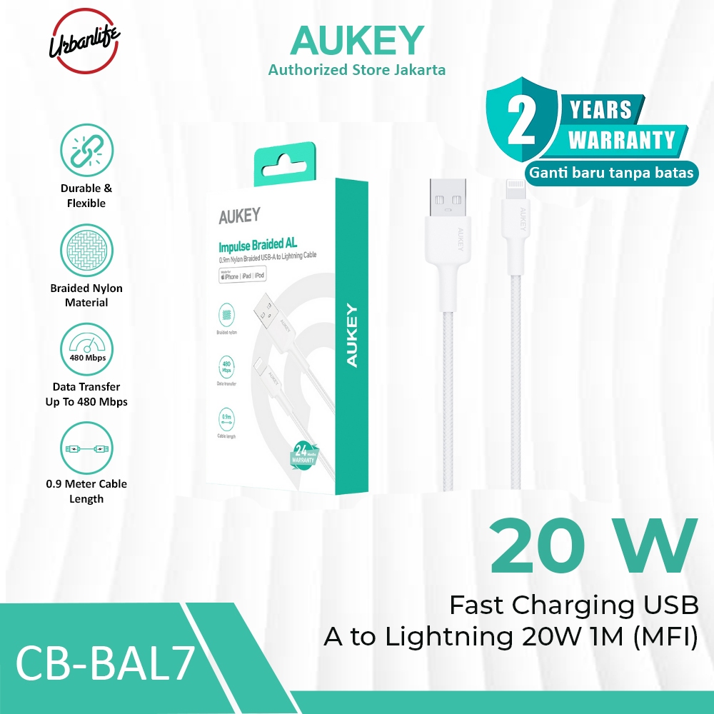 AUKEY KABEL USB Type A to Lightning 20W 1M ( MFI )  Bahan Braided Nylon Pengecasan Cepat Fast Chargi