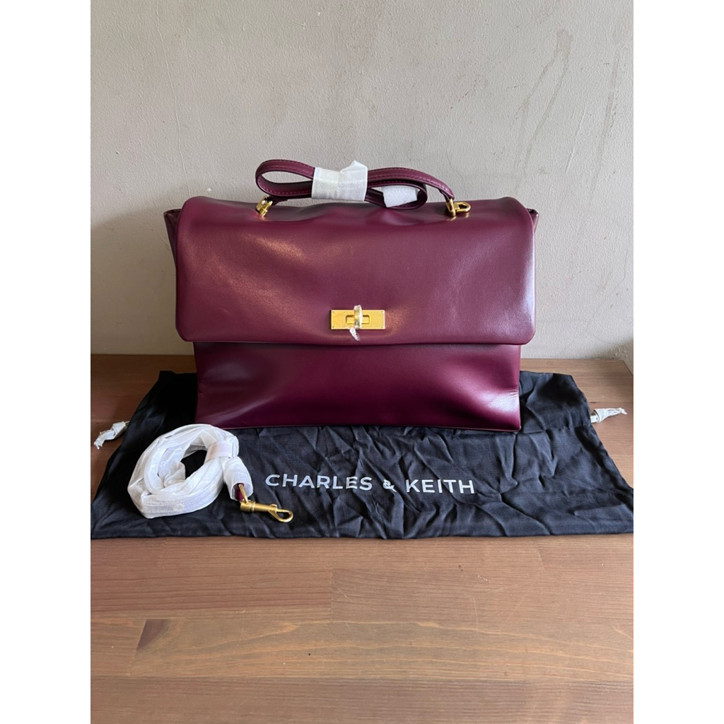 Charles & Keith Kerry Top Handle Satchel Bag - Mulberry Plum Wine Burgundy | 100% Leather Kulit Asli
