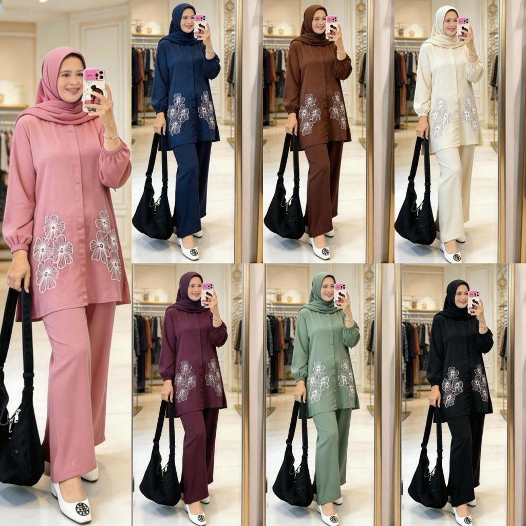SET LONG TUNIK BORDIR BUNGA SETELAN CELANA