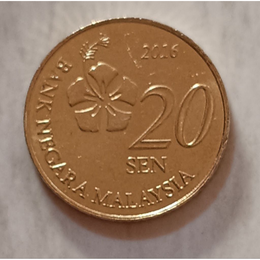 koin Malaysia 20 sen (kuning) tahun 2016..