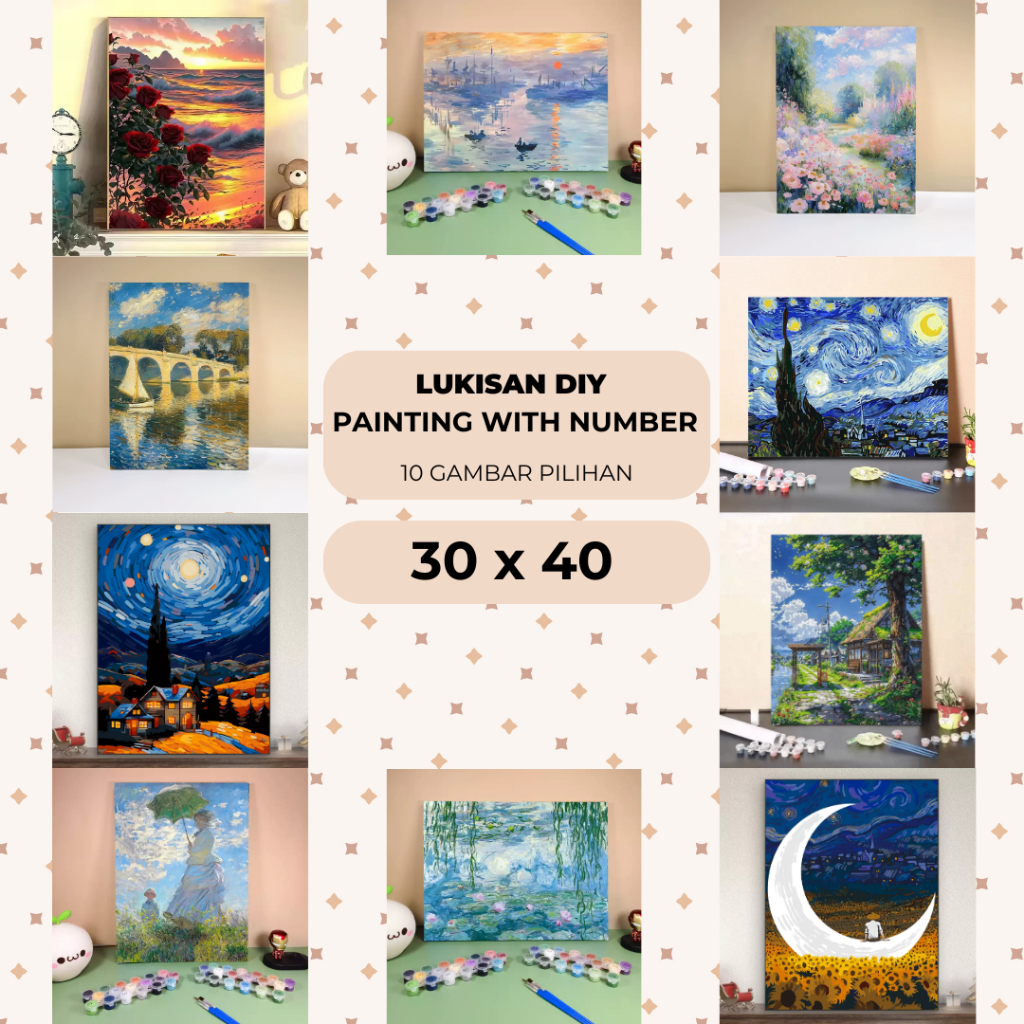 Lukisan kanvas DIY Paint by Numbers 30x40 Lukisan Pemandangan Estetik Kanvas Cat Minyak + Frame Kayu