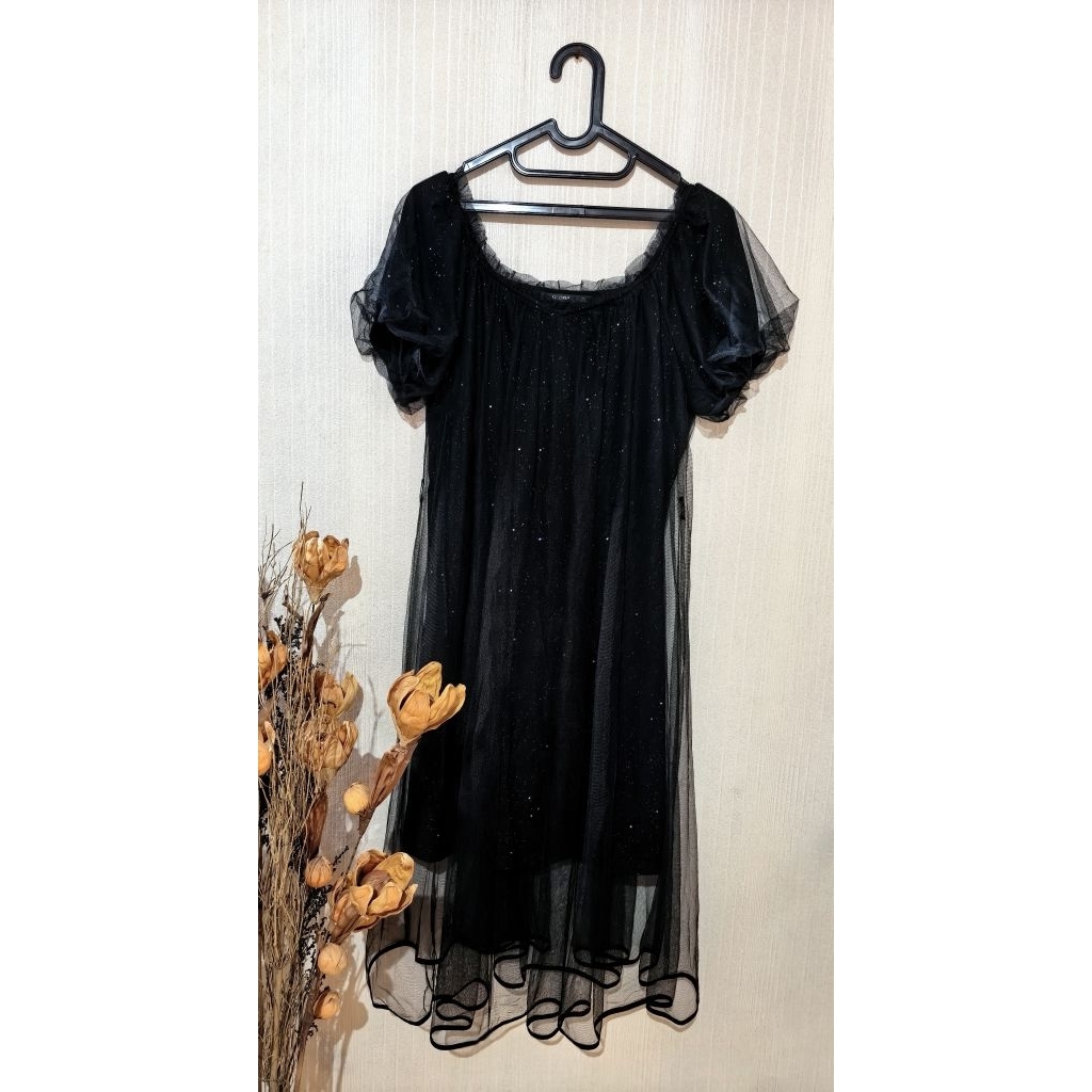 Dress Tile Lengan Balon Hitam