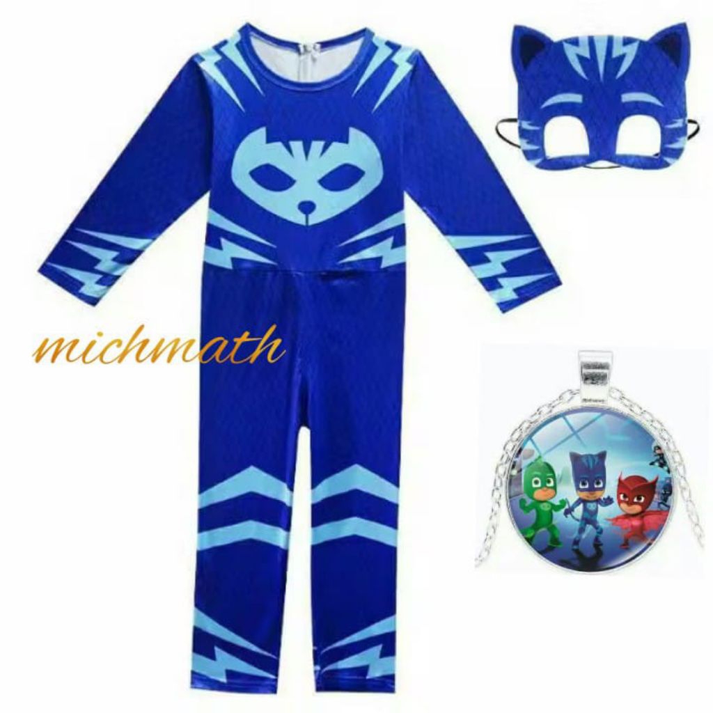 Mainan anak superhero costume cosplay overall Pj Mask kostum terusan plus topeng bonus Kalung Catboy