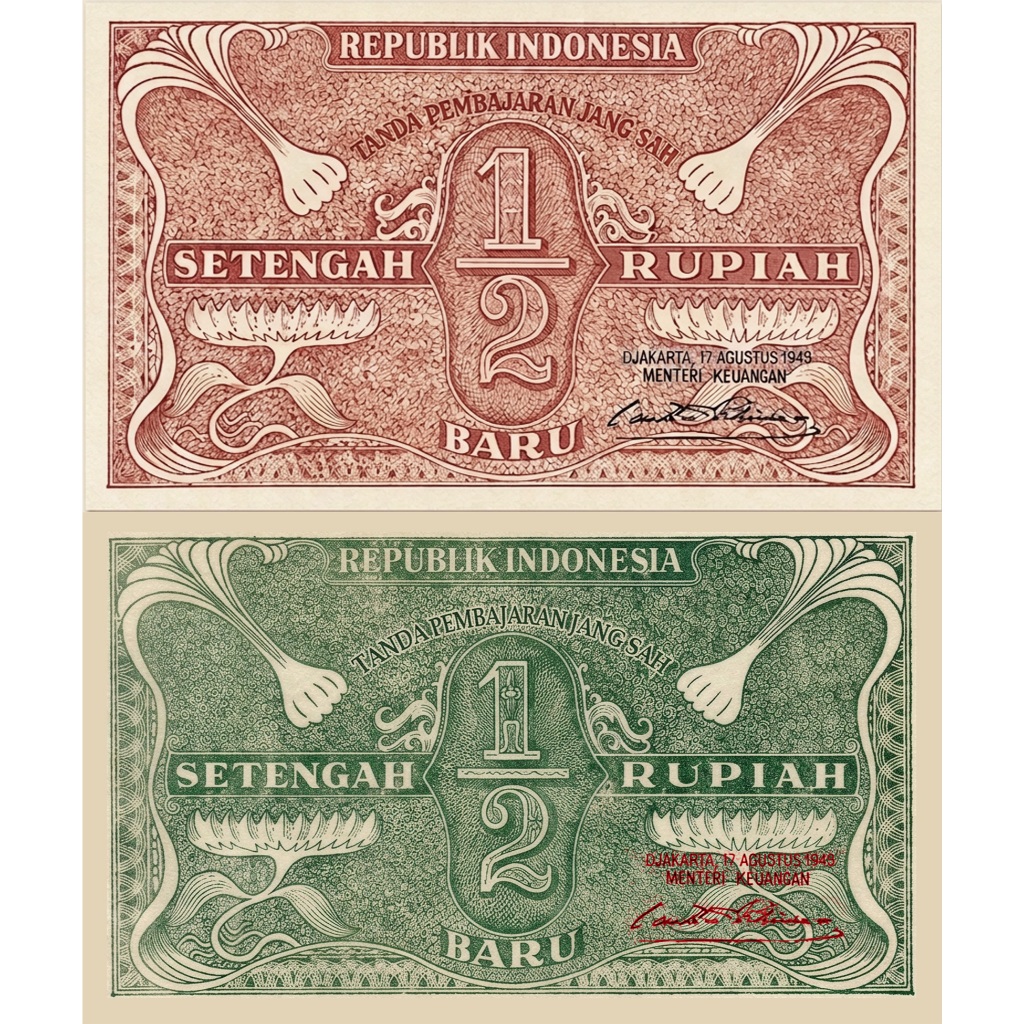 Dua lembar Setengah Rupiah Merah dan Hijau Tahun 1949 Souvenir Replika Repro