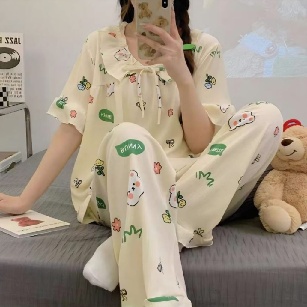 Lynlariss Setelan Piyama Baju Tidur Wanita Bahan Crinkle Premium