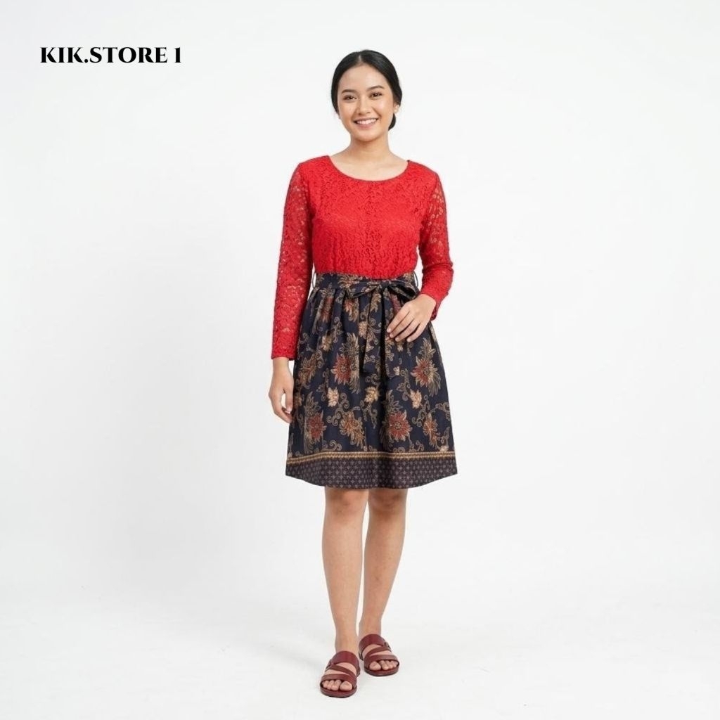 Dress Wanita Brukat Kombinasi Batik Merah Elegan Lengan Panjang Mini Dress Pesta Kondangan Casual Ke