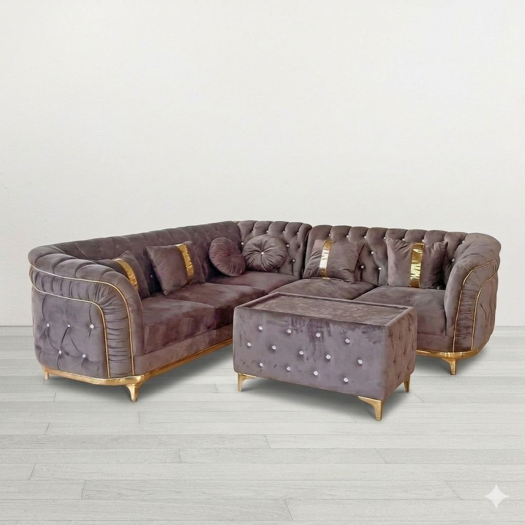 Sofa Sudut L Shape Sultan Chesterfield Velvet Luxury Kursi Tamu Mewah Gold Series