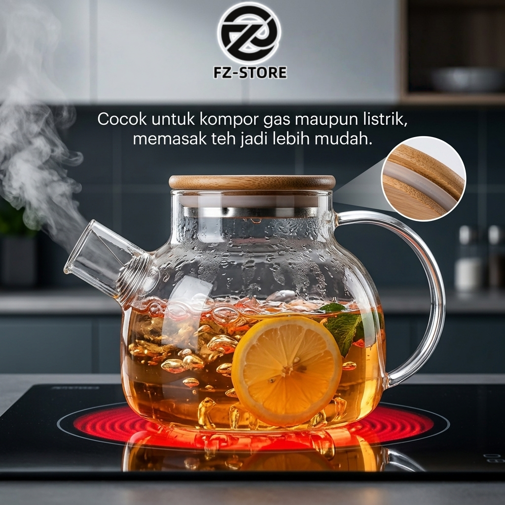 Teapot Teko Teh air panas kaca dengan tutup kayu anti panas High Borosilicate berkualitas tekko kaca