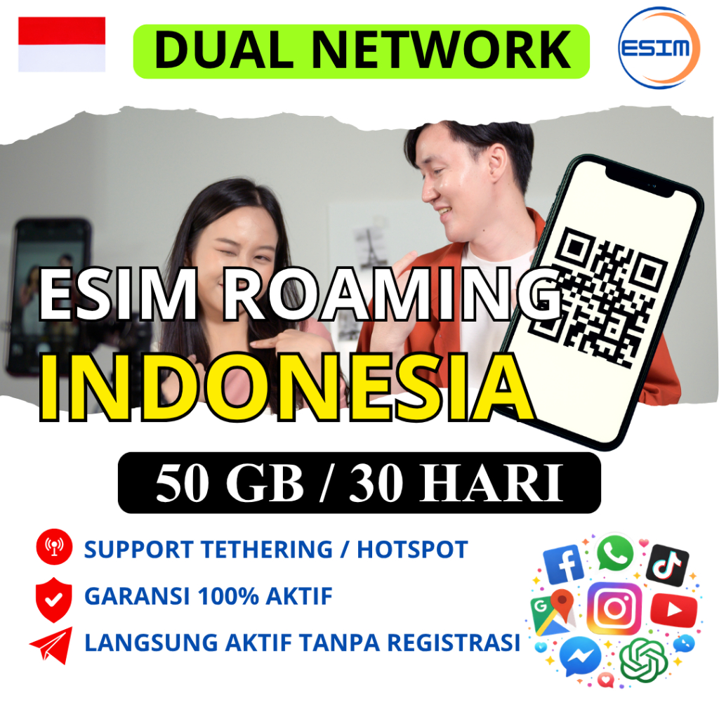 eSIM Roaming Indonesia 50 GB 30 HARI | Dual Jaringan XL / Telkomsel