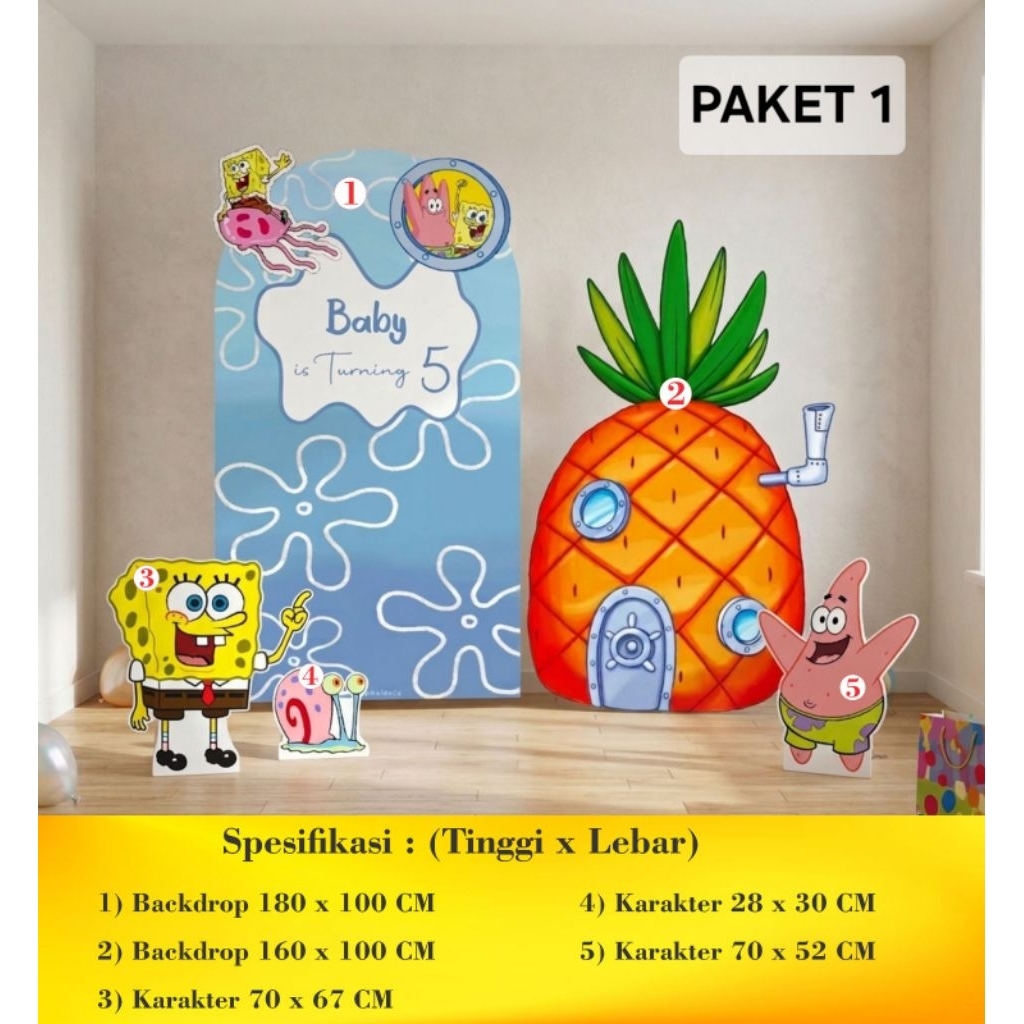 PAKET DEKORASI TEMA SPONGEBOB / STANDING KARAKTER SPONGEBOB / BACKDROP ULANG TAHUN SPONGEBOB