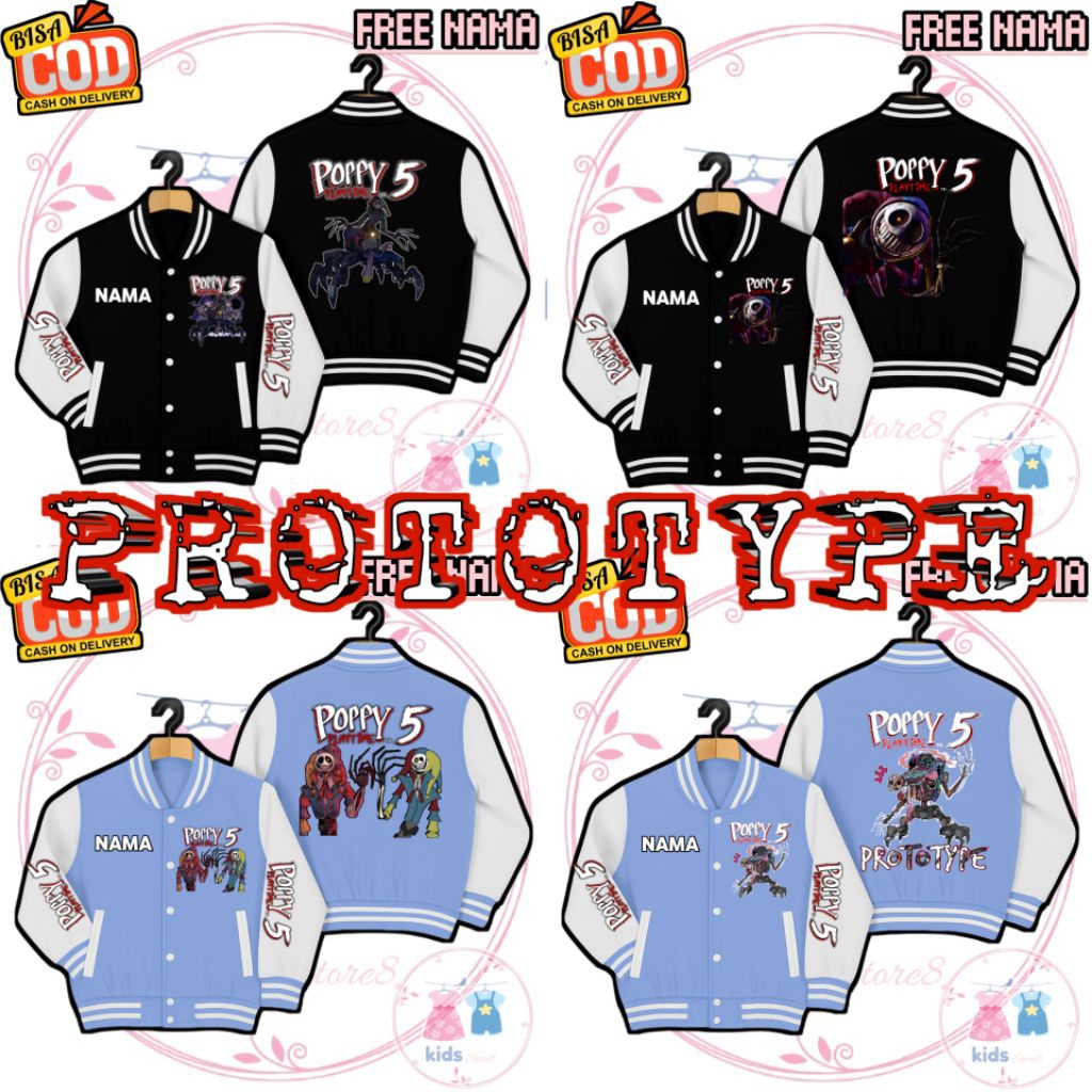 (FREE NAMA) Jacket varsity Jacket Baseball Anak POPPY PLAYTIME 5 Karakter PROTOTYPE Free Nama - Lila