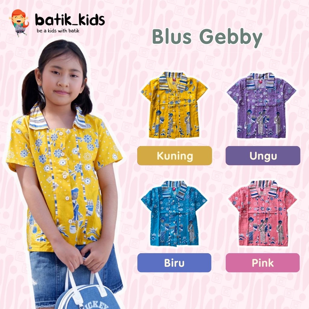 BATIK KIDS Blus Batik Anak Gebby Motif Bu Jamu Berkancing Depan Kerah Lurik Cantik Lucu