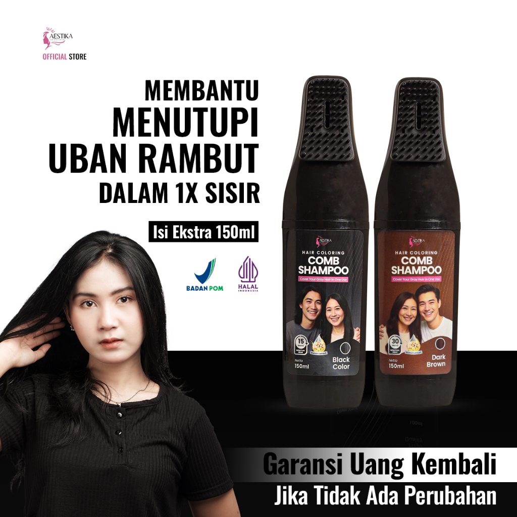 Aestika Sisir Hair Coloring Shampoo - Shampo Penghitam Rambut Penutup Uban Praktis (All Varian)