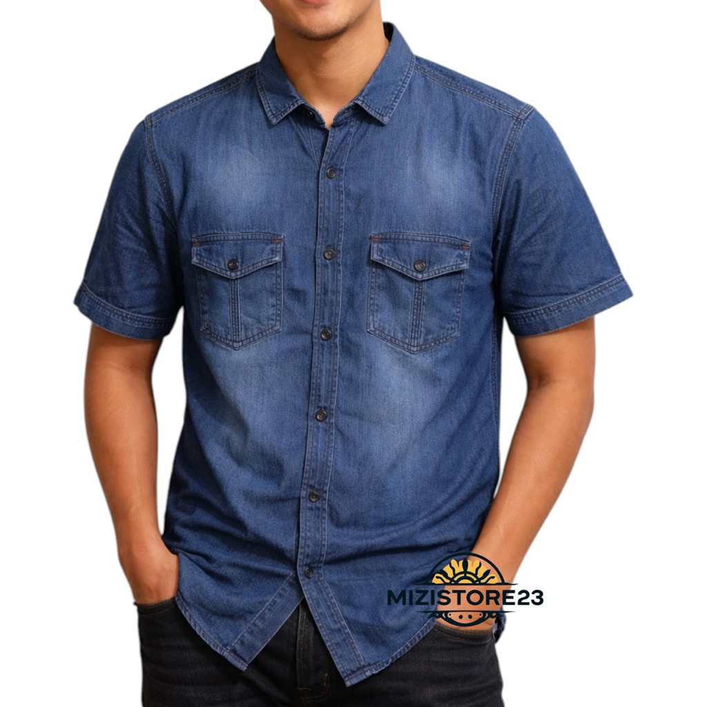kemeja Jeans/ Denim Lengan Pendek Pria Terpopuler kemeja Denim pendek pria