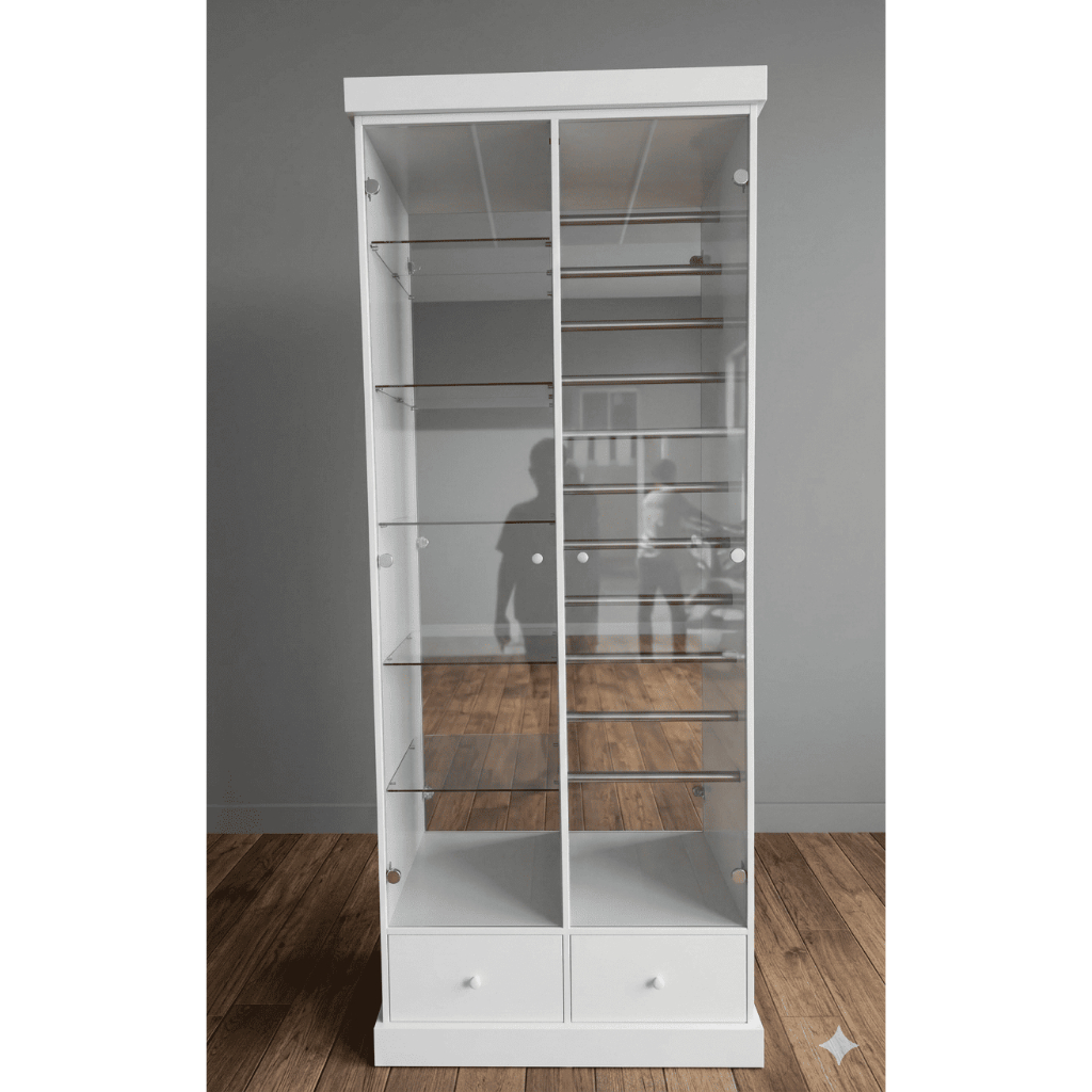 Lemari Pajangan Tas & Sepatu Dilengkapi Ruang Hijab Kaca Minimalis Modern Putih dengan Laci