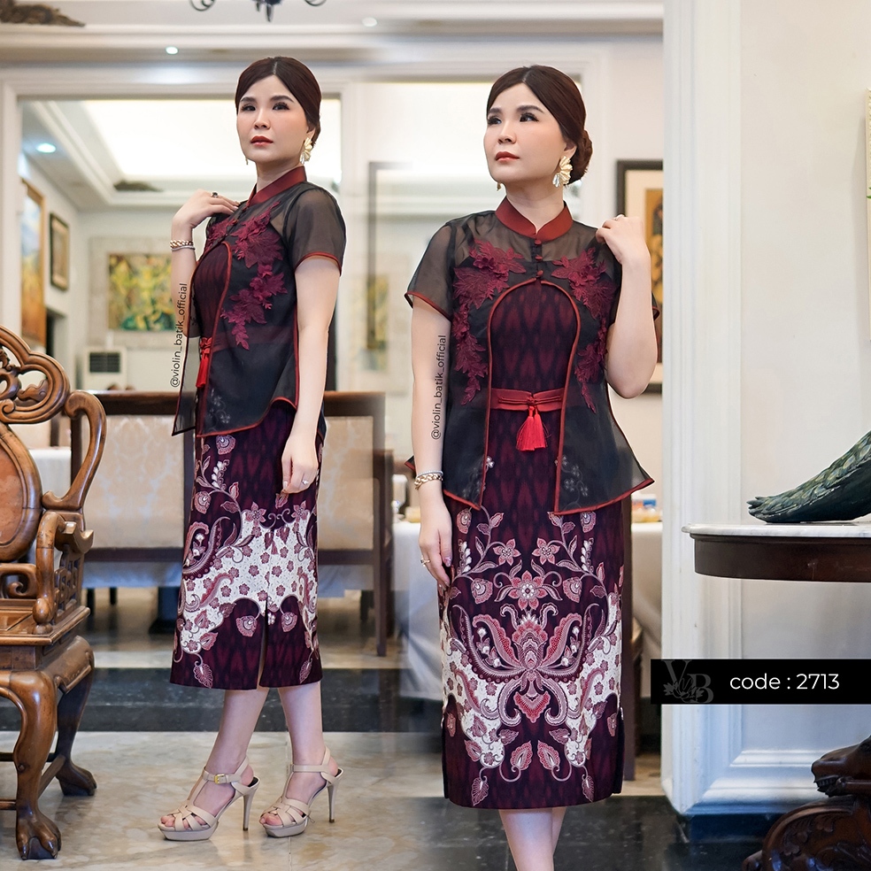 Violin Batik Dress Satin Outer Hitam Cheongsam Organza Bordir U 2713