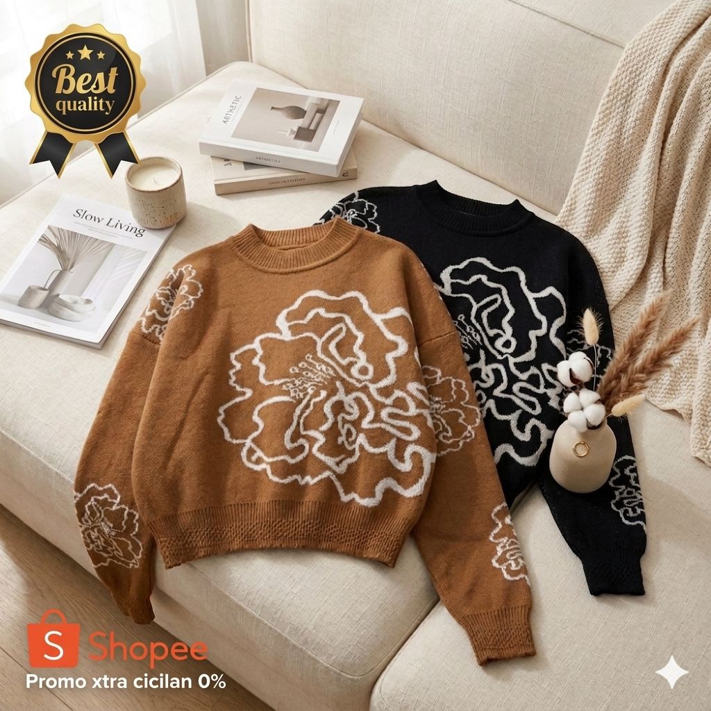 Sweater Crewneck Wanita Rajut Premium Motif Mawar Tampilan Stylish