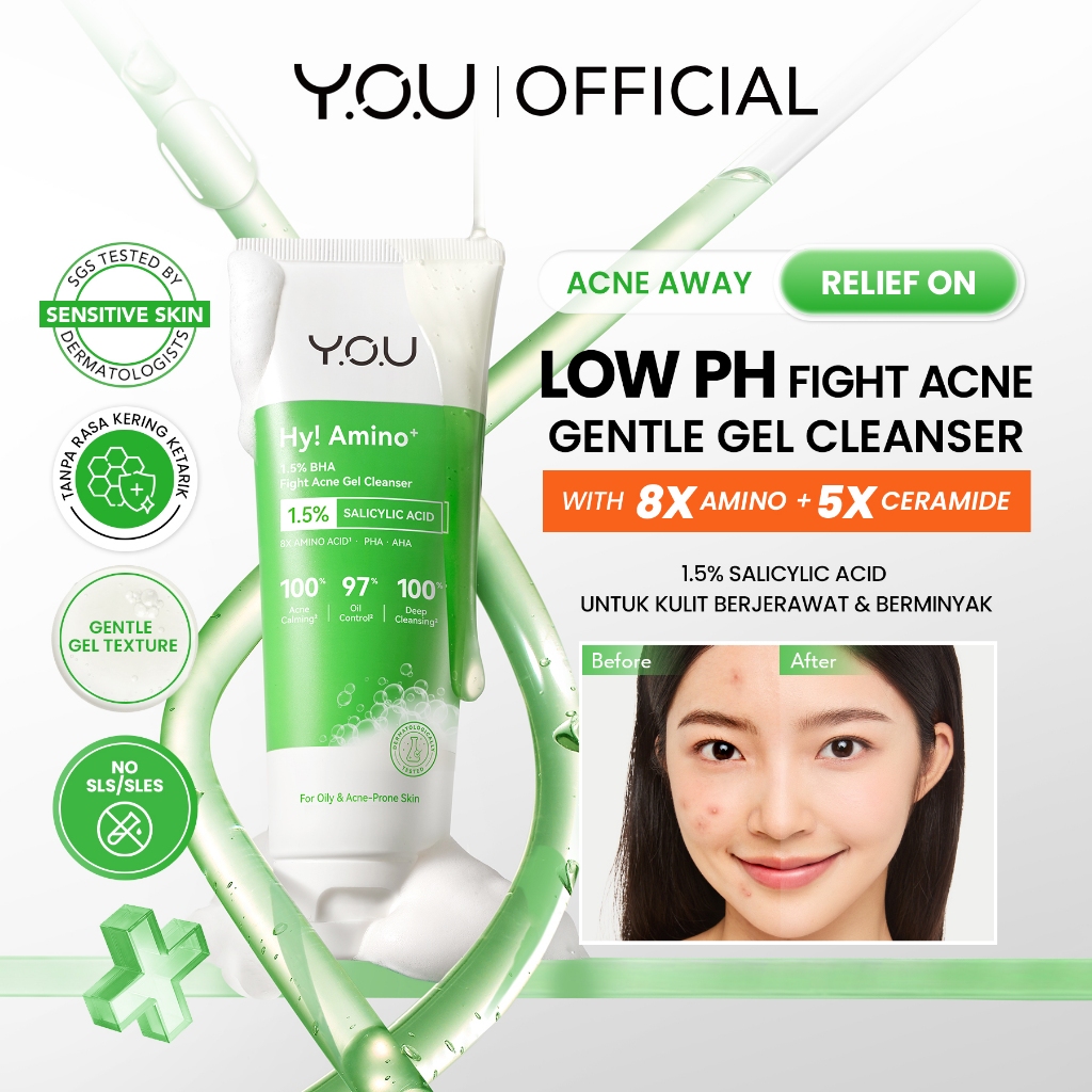 YOU Hy Amino+ 1.5% BHA Fight Acne Gel Cleanser Amino Facial Wash Low pH Gentle Gel Salicylic Acid Ac