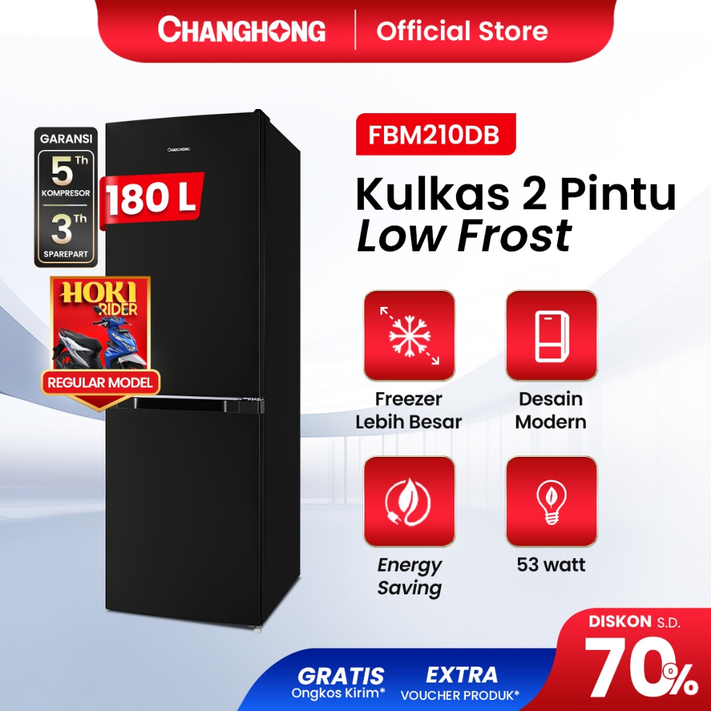 Changhong  Kulkas 2 Pintu  (Bottom Mounted Refrigerator) Lemari Es  Kapasitas 180 Liter FBM210DB Bla