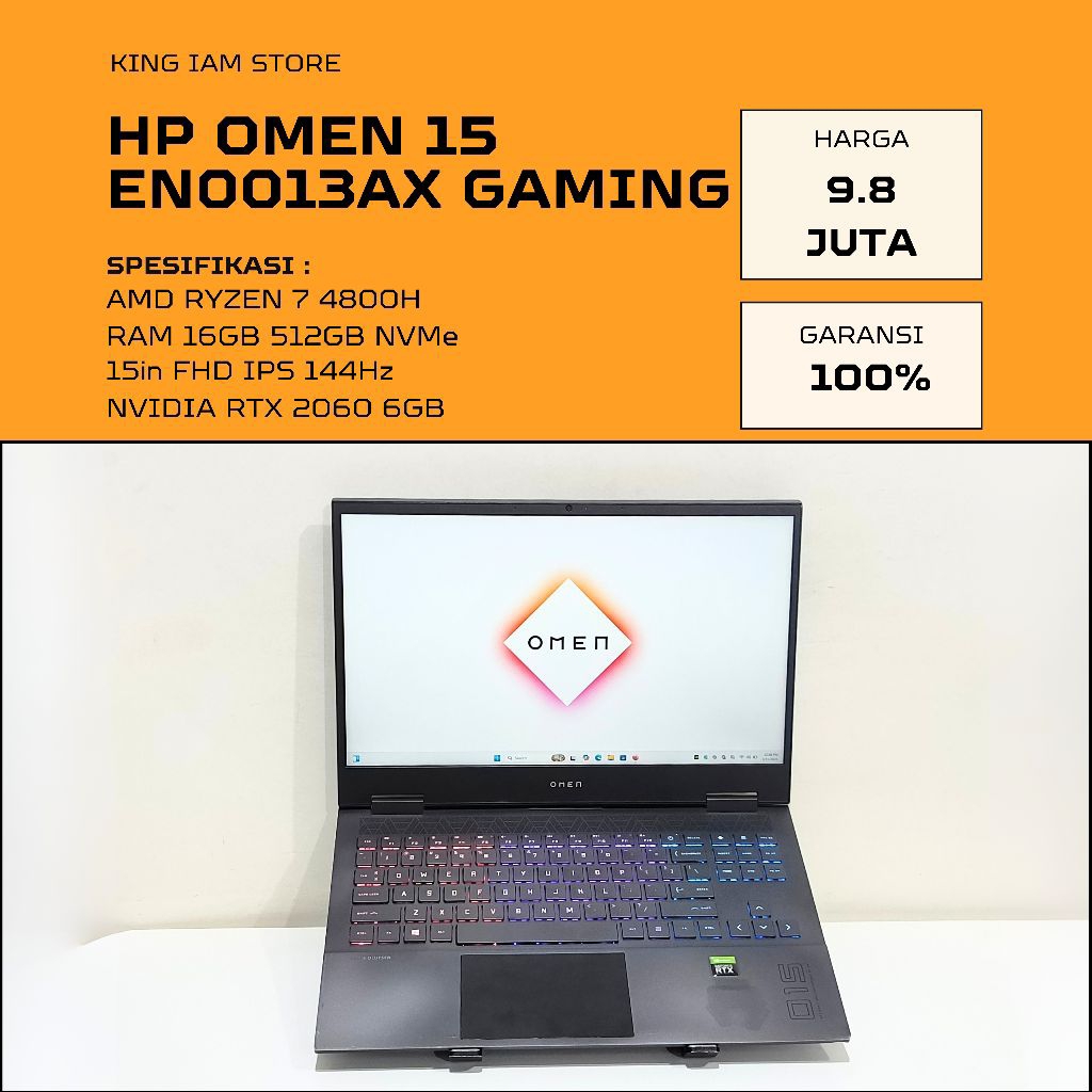 HP OMEN 15 EN0013AX RYZEN 7 NVIDIA RTX 2060 6GB RAM 16GB LAYAR 144Hz