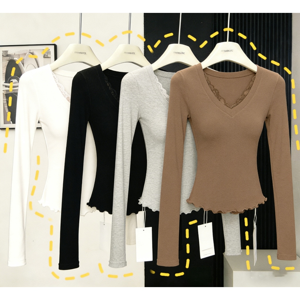 Atasan Wanita Lengan Panjang V Neck Lace Ruffle - Kaos Rajut Wanita Import Premium, Baju Inner Wanit