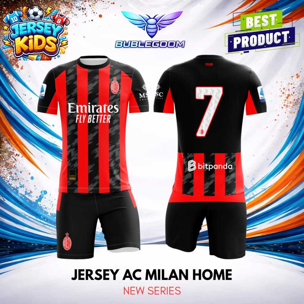 Setelan baju olahraga anak | kaos bola anak | jersey futsal anak | jersey AC MILAN 24-25 home | terb