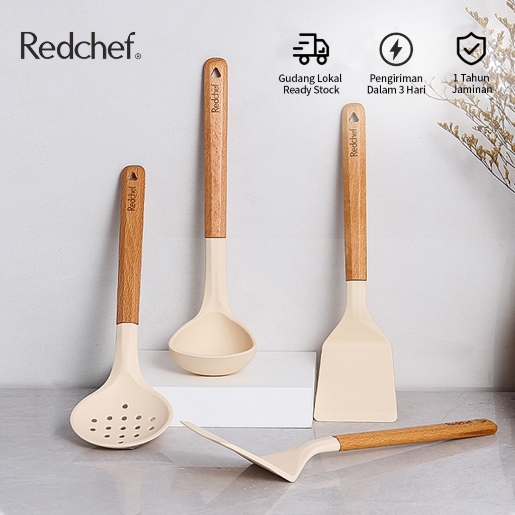 Redchef Peralatan Silikon Kayu Solid Turner/Turner Berlubang/Sendok Silikon Aman untuk Makanan Tahan