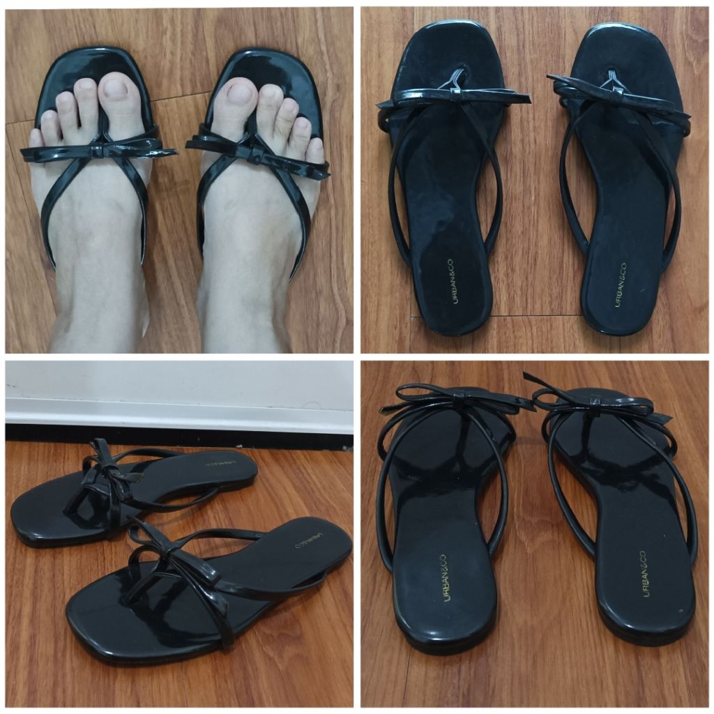 Preloved Sandal Jepit Flat URBAN&CO Kulit glossy black Sendal wanita ukuran no 35 urban & co