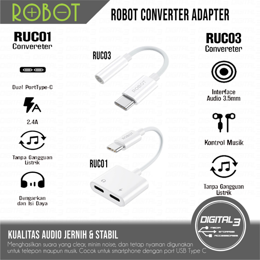 ROBOT Converter Adapter RUC03 Type C to 3.5mm AUX Audio Jack & RUC01 Type C to Dual Type C Splitter 