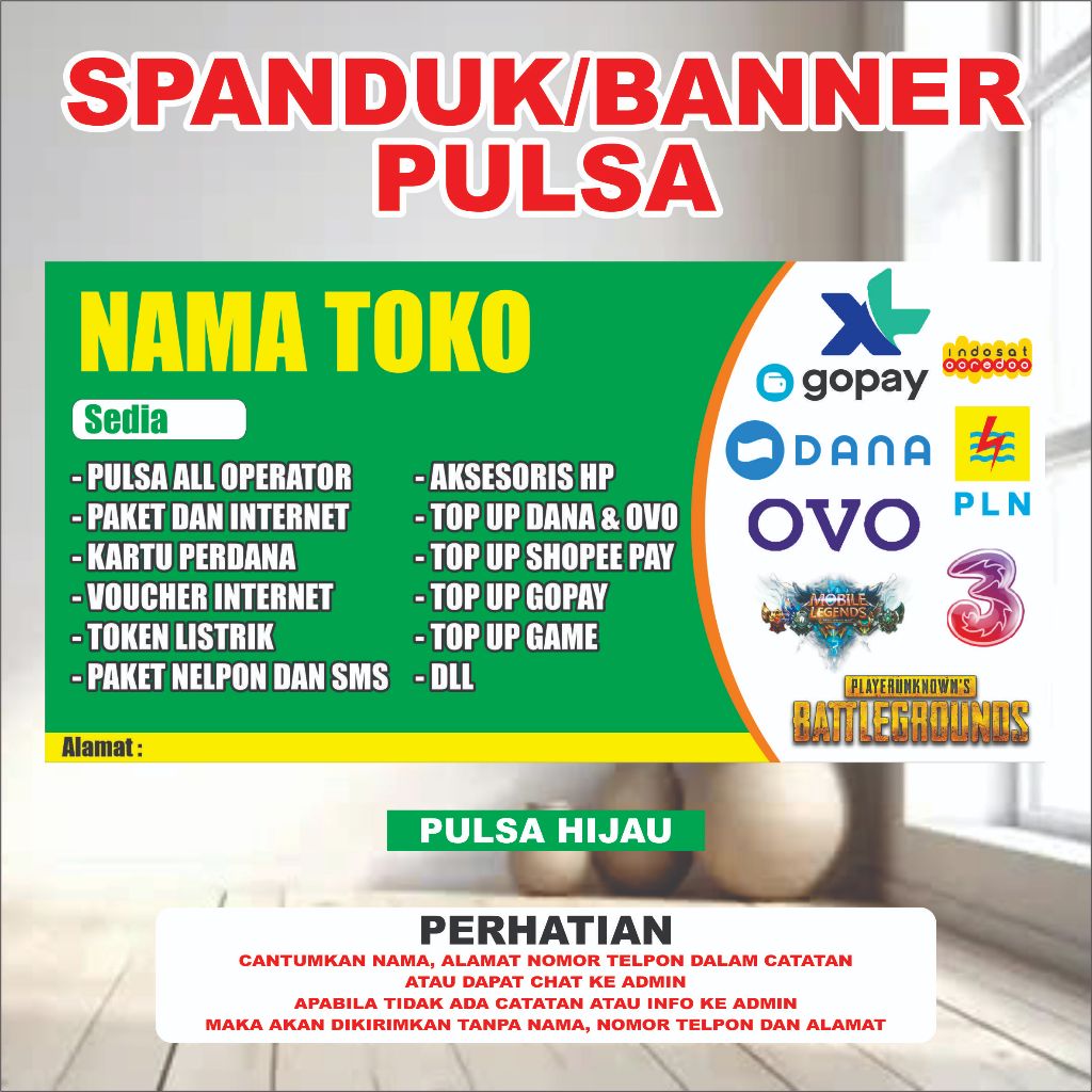 SPANDUK/BANNER PULSA KONTER UKURAN 200X100