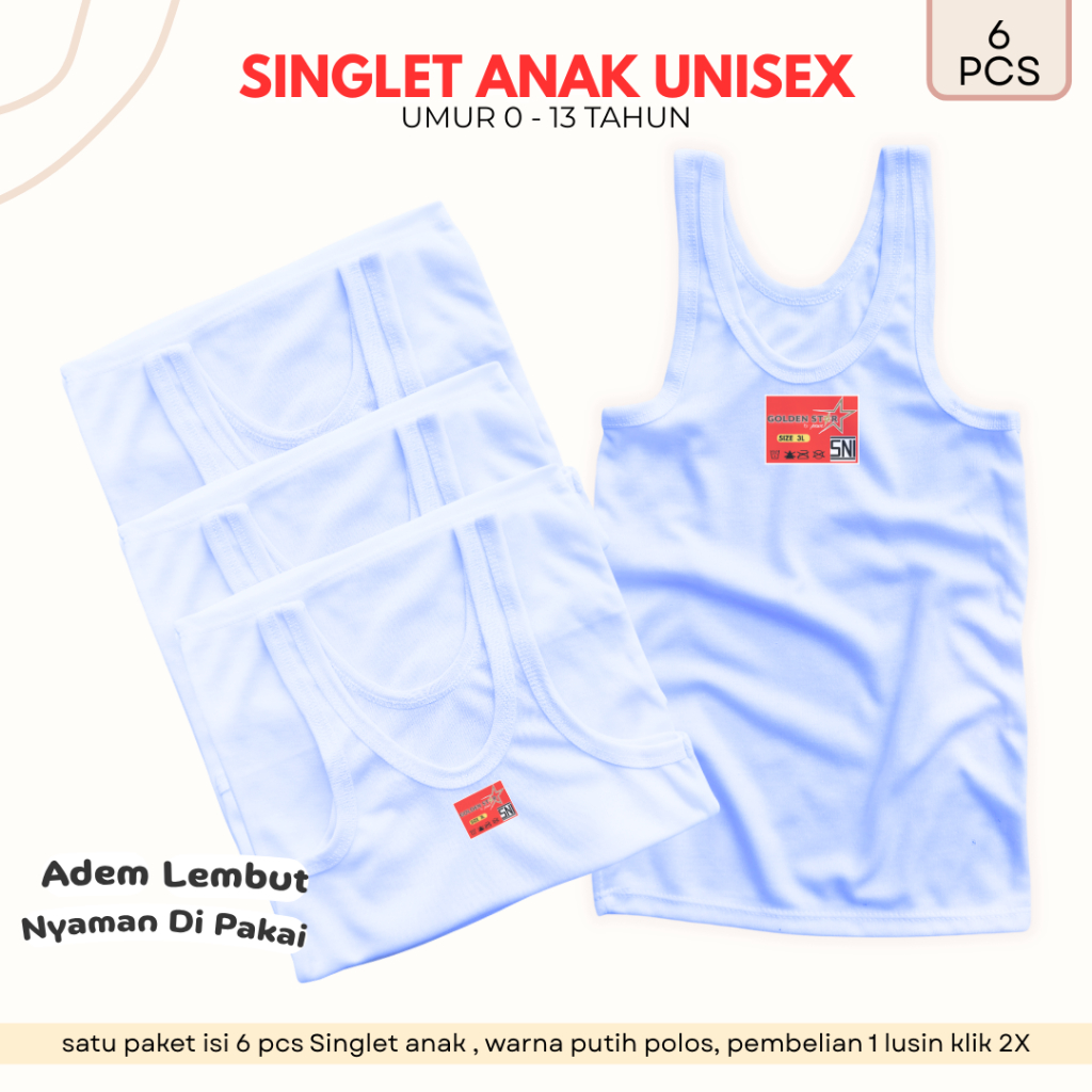 1 Lusin Singlet anak dan remaja golden star putih polos 4- 16 tahun - Singlet Anak Remaja 6 Pcs / Ka