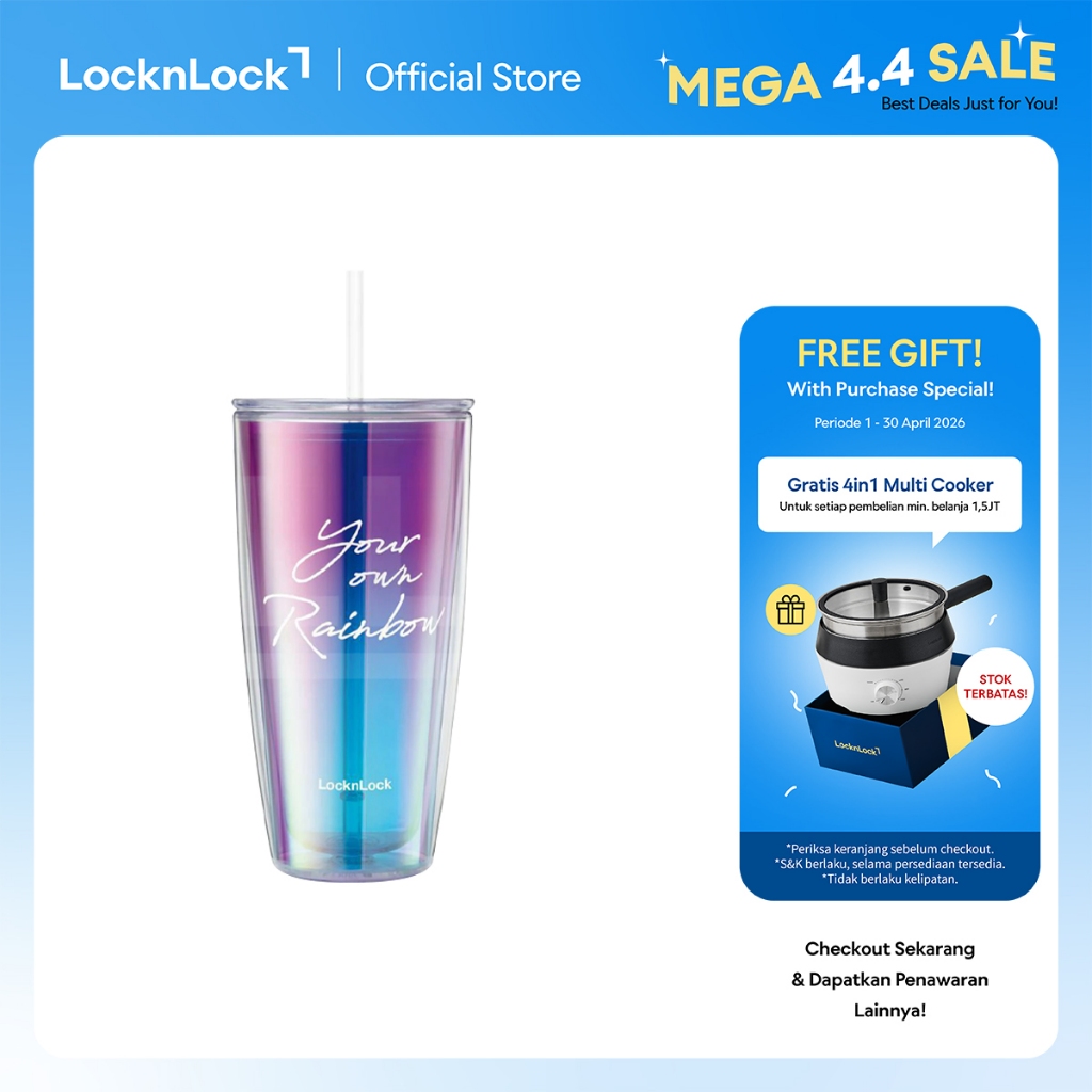LocknLock Rainbow Double Wall Cold Cup Botol Minum Dengan Sedotan 750ml - HAP507VOLH